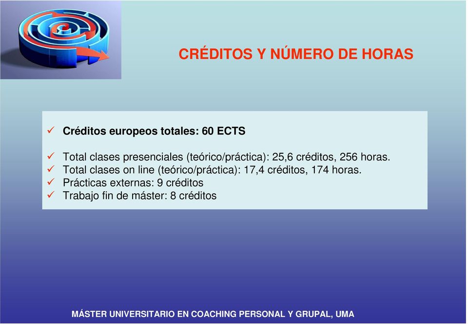 Total clases on line (teórico/práctica): 17,4 créditos, 174 horas.