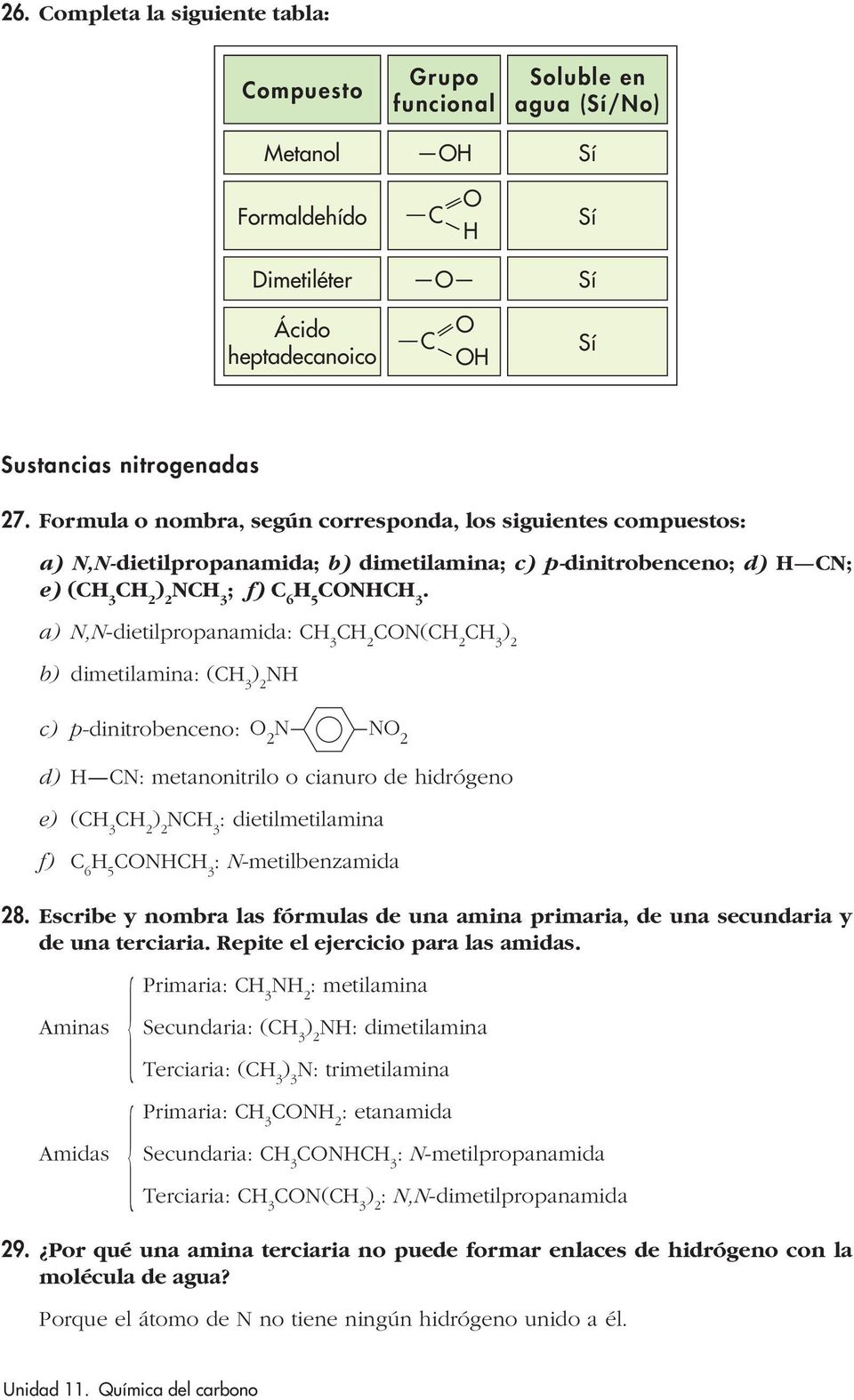 a) N,N-dietilpropanamida: N( b) dimetilamina: ( N c) p-dinitrobenceno: 2 N N 2 d) N: metanonitrilo o cianuro de hidrógeno e) ( N : dietilmetilamina f) 6 5 N : N-metilbenzamida 28.