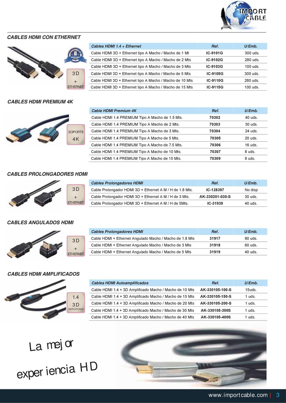 Cable HDMI 3D + Ethernet tipo A Macho / Macho de 5 Mts IC-9105G 300 uds. Cable HDMI 3D + Ethernet tipo A Macho / Macho de 10 Mts IC-9110G 280 uds.