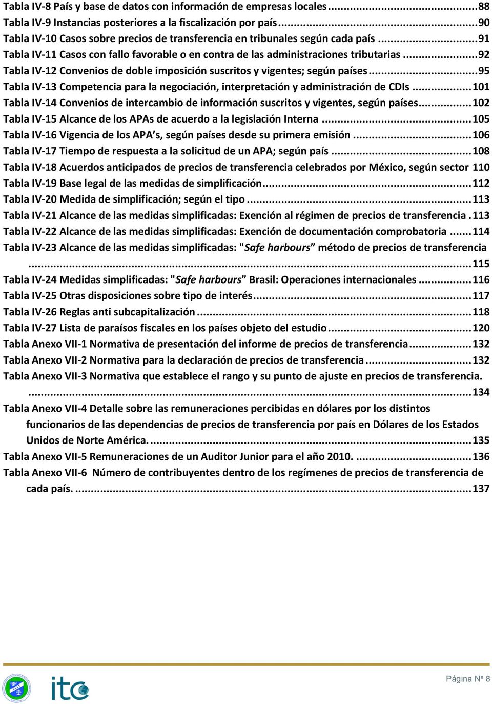 .. 92 Tabla IV-12 Convenios de doble imposición suscritos y vigentes; según países... 95 Tabla IV-13 Competencia para la negociación, interpretación y administración de CDIs.