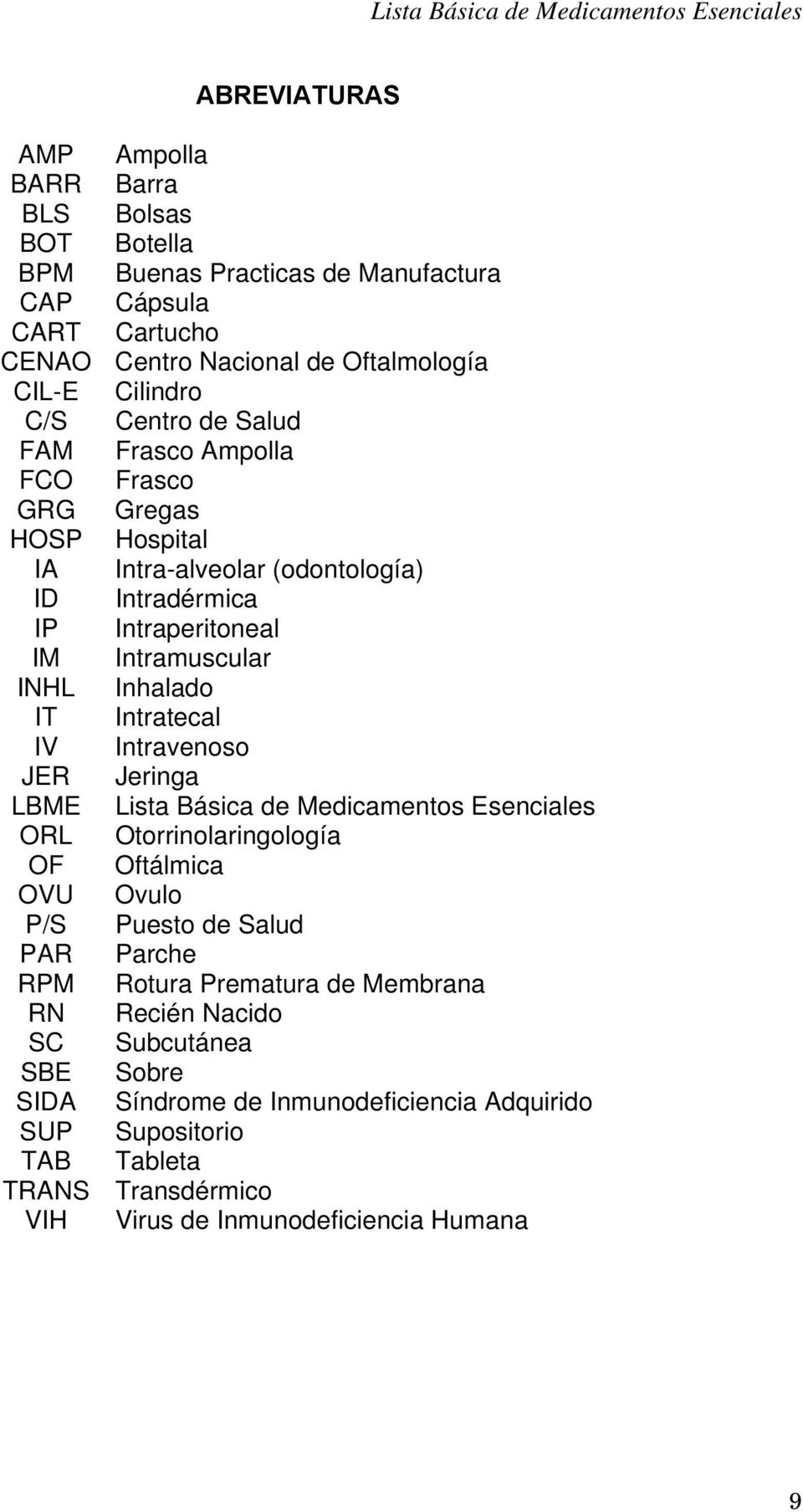 Intratecal IV Intravenoso JER Jeringa LBME Lista Básica de Medicamentos Esenciales ORL Otorrinolaringología OF Oftálmica OVU Ovulo P/S Puesto de Salud PAR Parche RPM Rotura