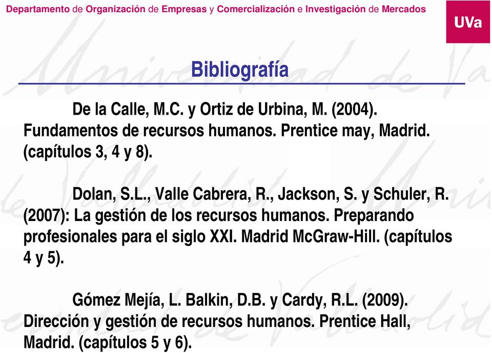 (2007): La gestión de los recursos humanos. Preparando profesionales para el siglo XXI. Madrid McGraw-Hill.