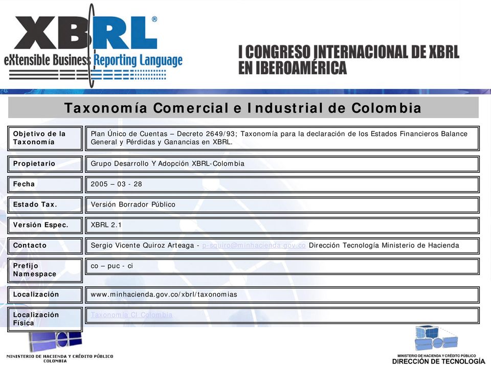Propietario Grupo Desarrollo Y Adopción XBRL-Colombia Fecha 2005 03-28 Estado Tax. Versión Borrador Público Versión Espec. XBRL 2.