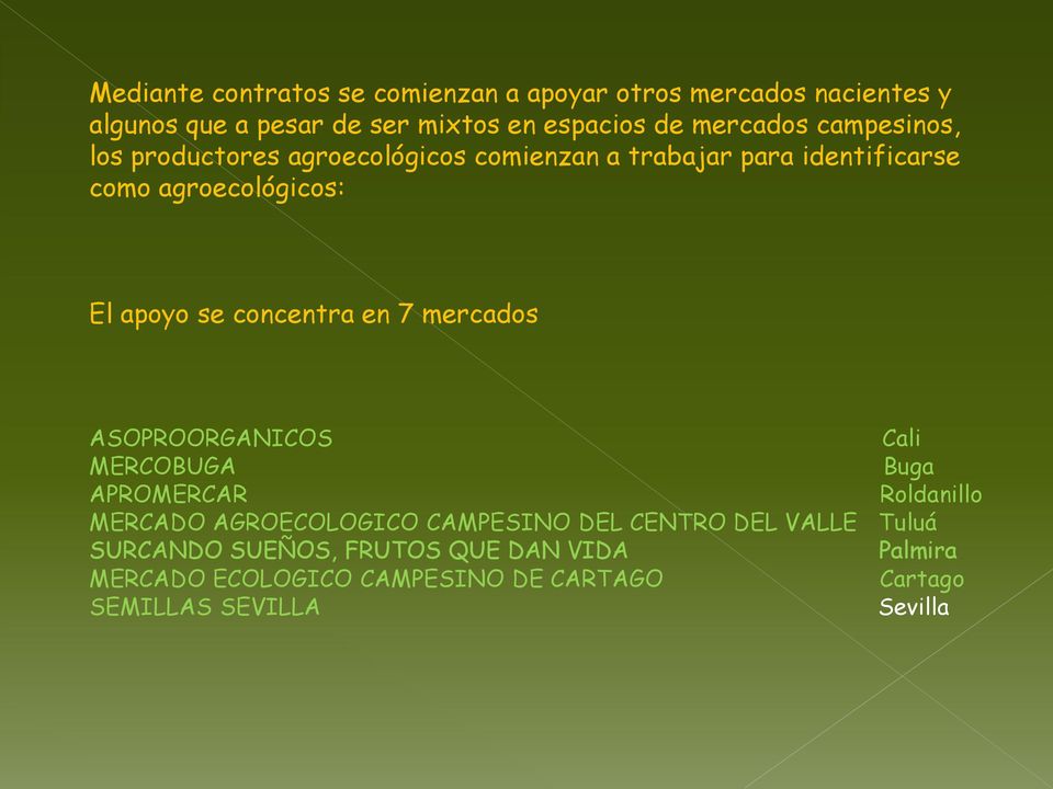concentra en 7 mercados ASOPROORGANICOS Cali MERCOBUGA Buga APROMERCAR Roldanillo MERCADO AGROECOLOGICO CAMPESINO DEL CENTRO