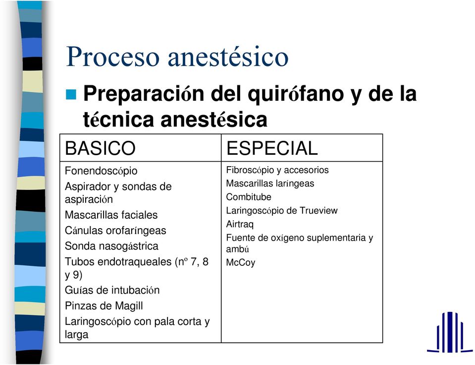 endotraqueales (nº 7, 8 y 9) Guías de intubación Pinzas de Magill Laringoscópio con pala corta y larga