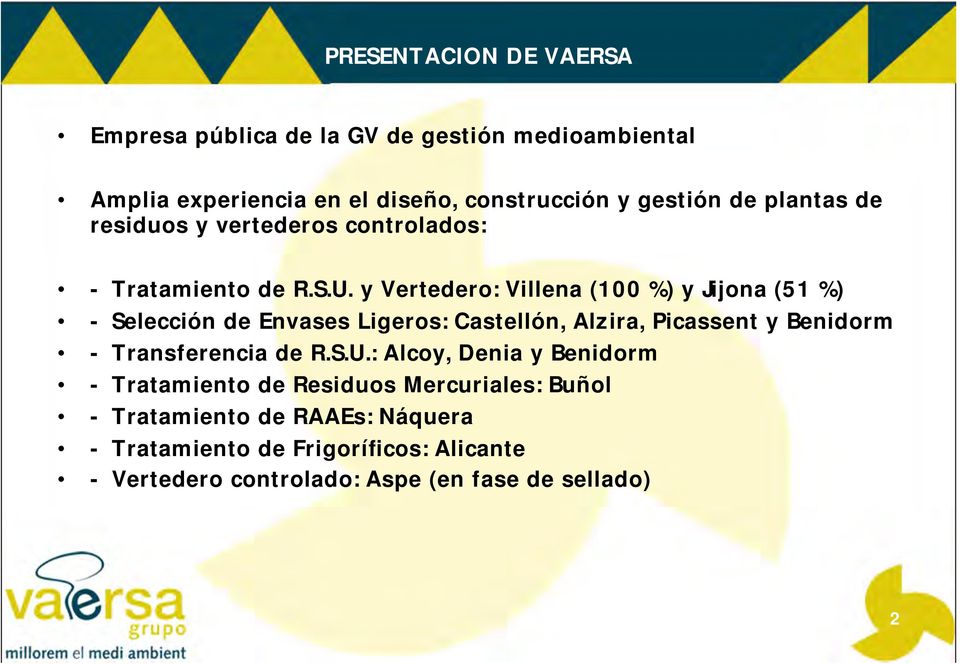 y Vertedero: Villena (100 %) y Jijona (51 %) - Selección de Envases Ligeros: Castellón, Alzira, Picassent y Benidorm - Transferencia