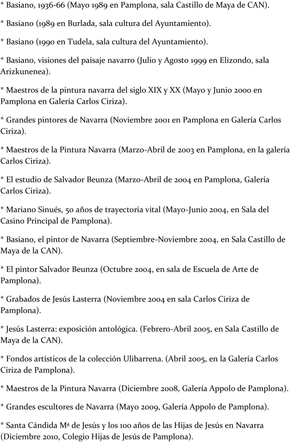 * Maestros de la pintura navarra del siglo XIX y XX (Mayo y Junio 2000 en Pamplona en Galería Carlos Ciriza). * Grandes pintores de Navarra (Noviembre 2001 en Pamplona en Galería Carlos Ciriza).