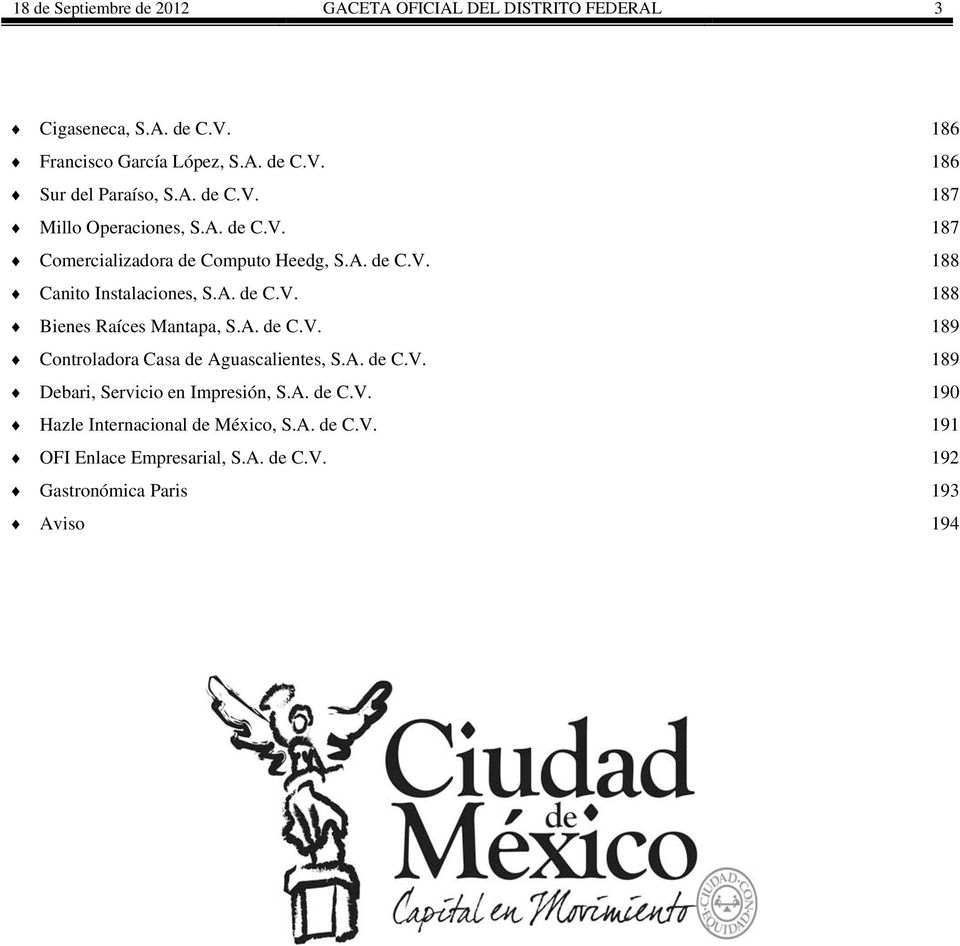 A. de C.V. 189 Controladora Casa de Aguascalientes, S.A. de C.V. 189 Debari, Servicio en Impresión, S.A. de C.V. 190 Hazle Internacional de México, S.