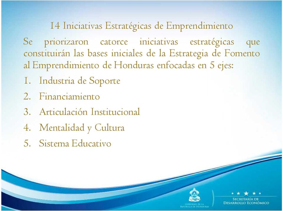 Emprendimiento de Honduras enfocadas en 5 ejes: 1. Industria de Soporte 2.