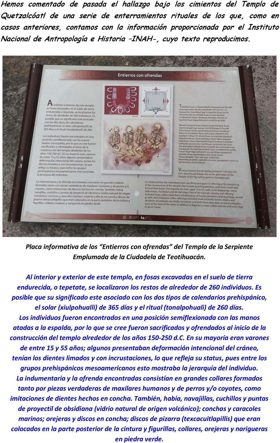 Placa informativa de los Entierros con ofrendas del Templo de la Serpiente Emplumada de la Ciudadela de Teotihuacán.