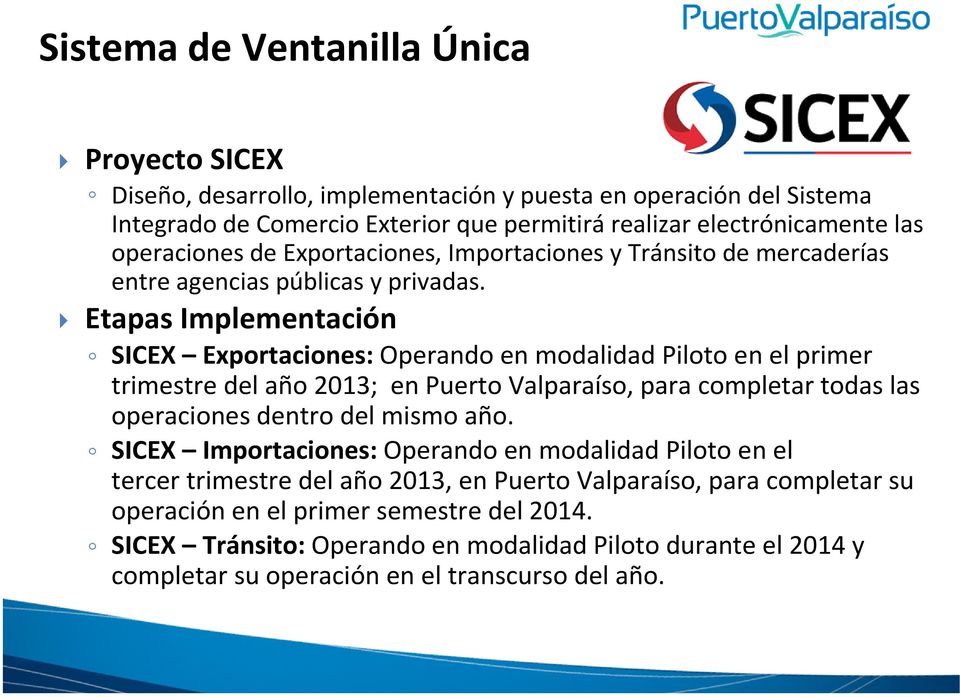 Etapas Implementación SICEX Exportaciones: Operando en modalidad Piloto en el primer trimestre del año 2013; en Puerto Valparaíso, para completar todas las operaciones dentro del mismo año.