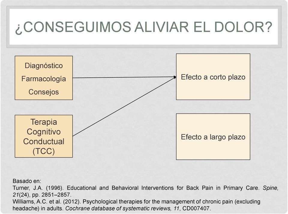Basado en: Turner, J.A. (1996). Educational and Behavioral Interventions for Back Pain in Primary Care.