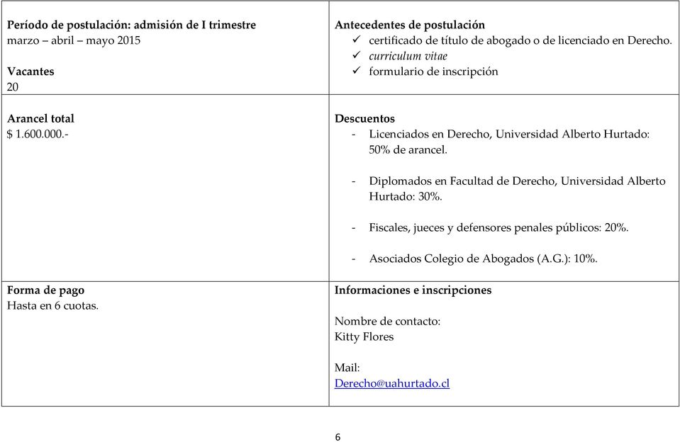 curriculum vitae formulario de inscripción Descuentos - Licenciados en Derecho, Universidad Alberto Hurtado: 50% de arancel.