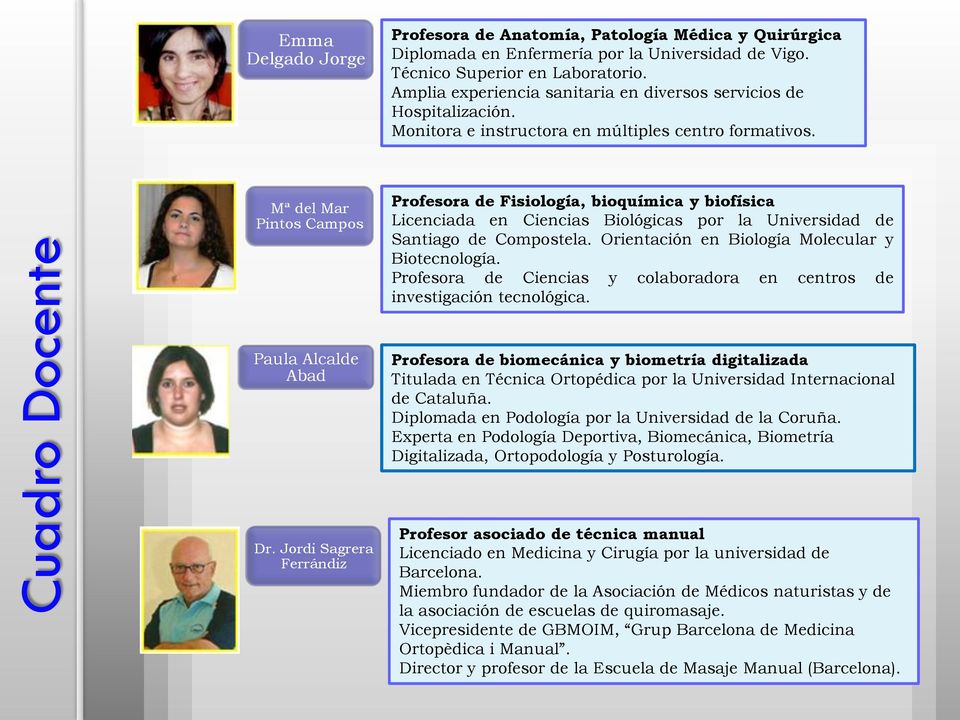 Mª del Mar Pintos Campos Profesora de Fisiología, bioquímica y biofísica Licenciada en Ciencias Biológicas por la Universidad de Santiago de Compostela.