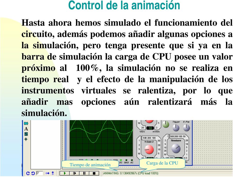 simulación no se realiza en tiempo real y el efecto de la manipulación de los instrumentos virtuales se ralentiza, por lo