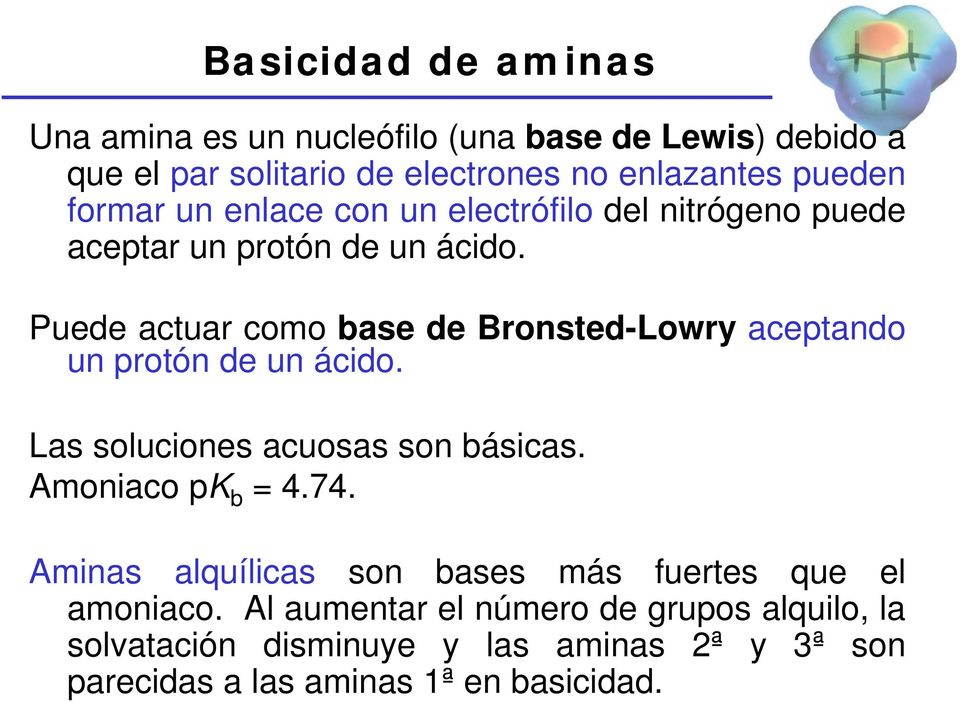 Puede actuar como base de Bronsted-Lowry aceptando un protón de un ácido. Las soluciones acuosas son básicas. Amoniaco pk b = 4.74.