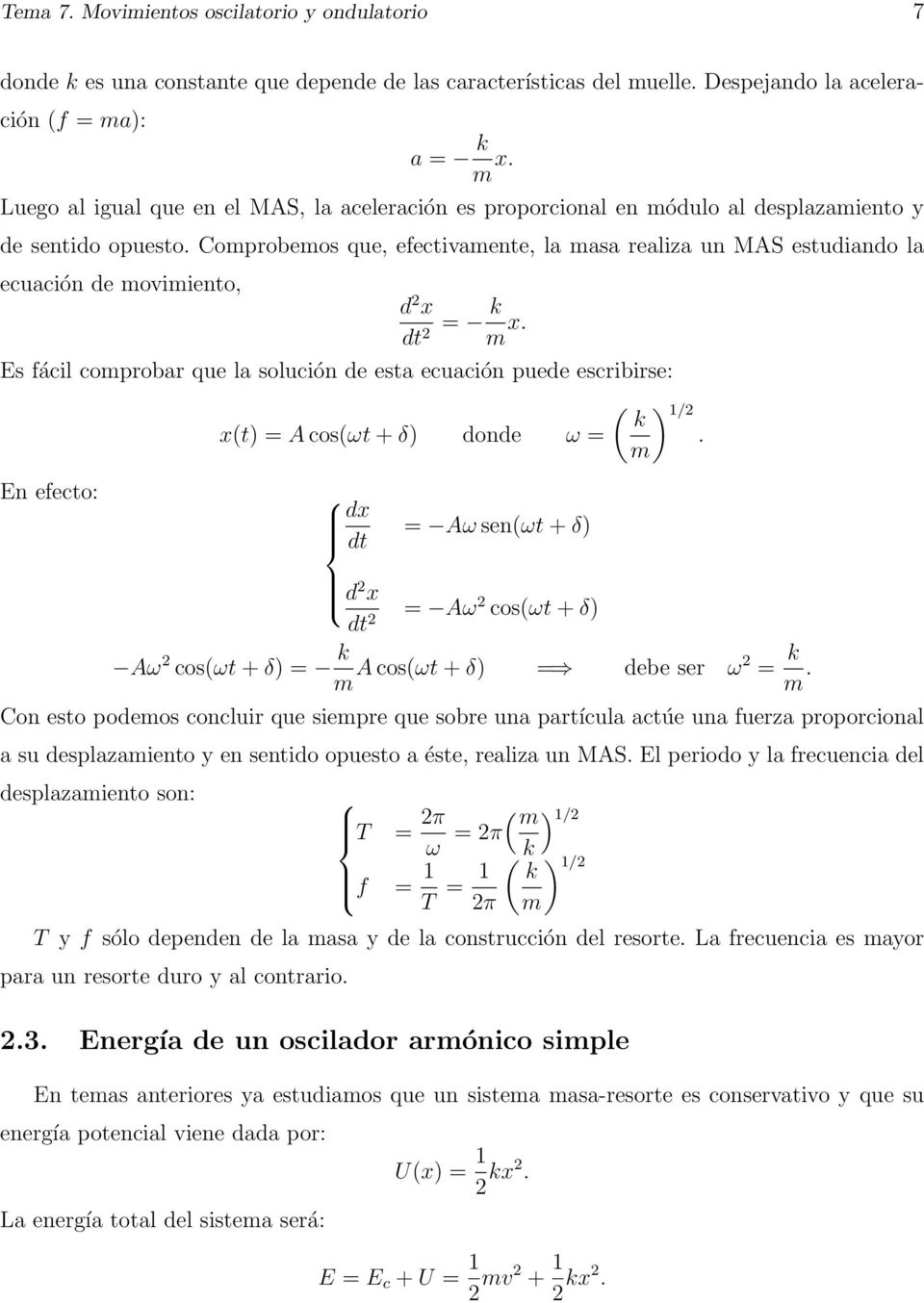 Comprobemos que, efectivamente, la masa realiza un MAS estudiando la ecuación de movimiento, d 2 x dt 2 = k m x.