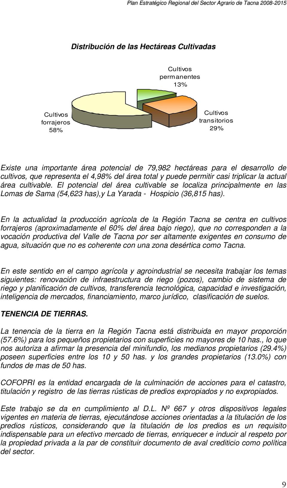 El potencial del área cultivable se localiza principalmente en las Lomas de Sama (54,623 has),y La Yarada - Hospicio (36,815 has).