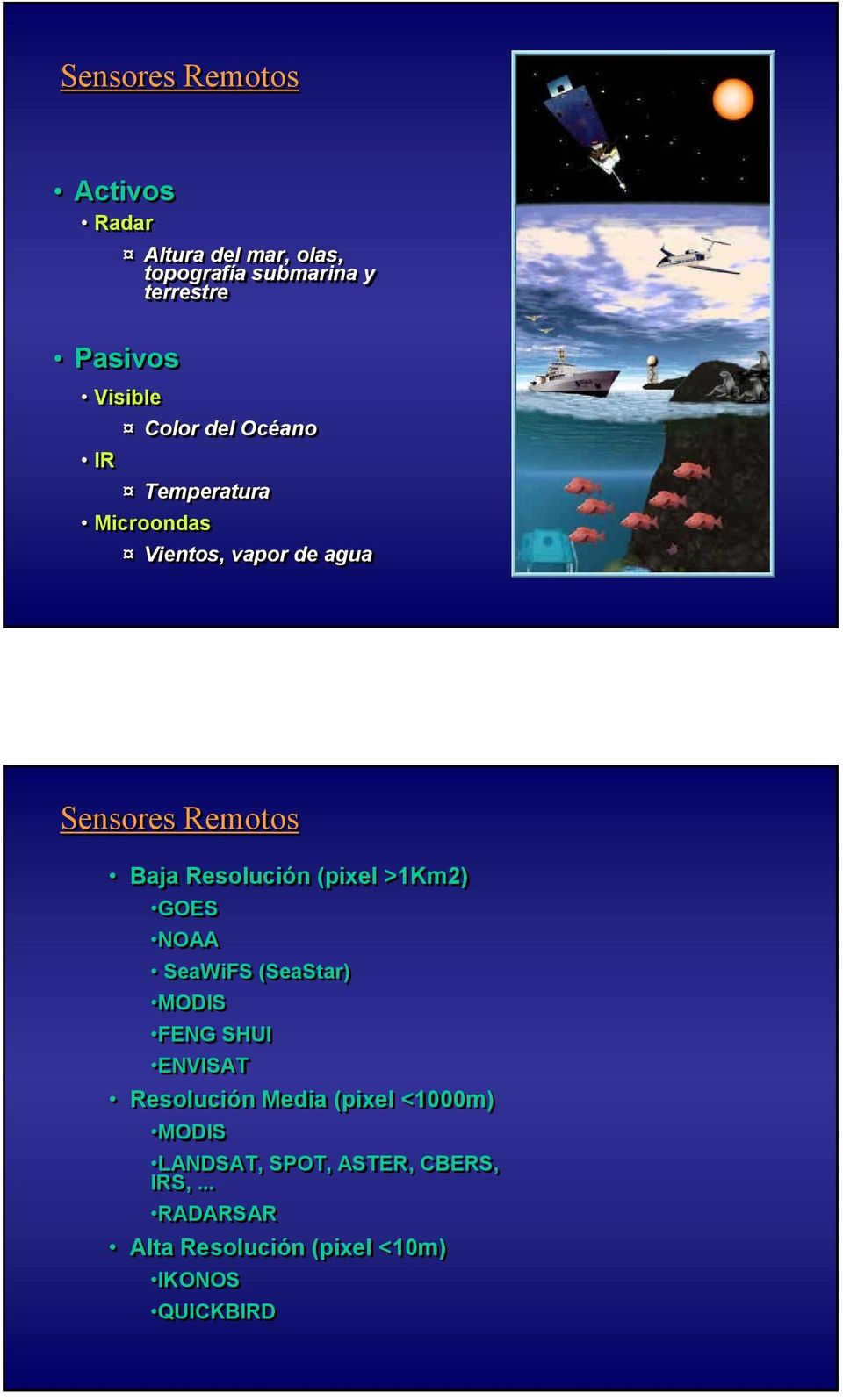 Resolución (pixel >1Km2) GOES NOAA SeaWiFS (SeaStar) MODIS FENG SHUI ENVISAT Resolución Media