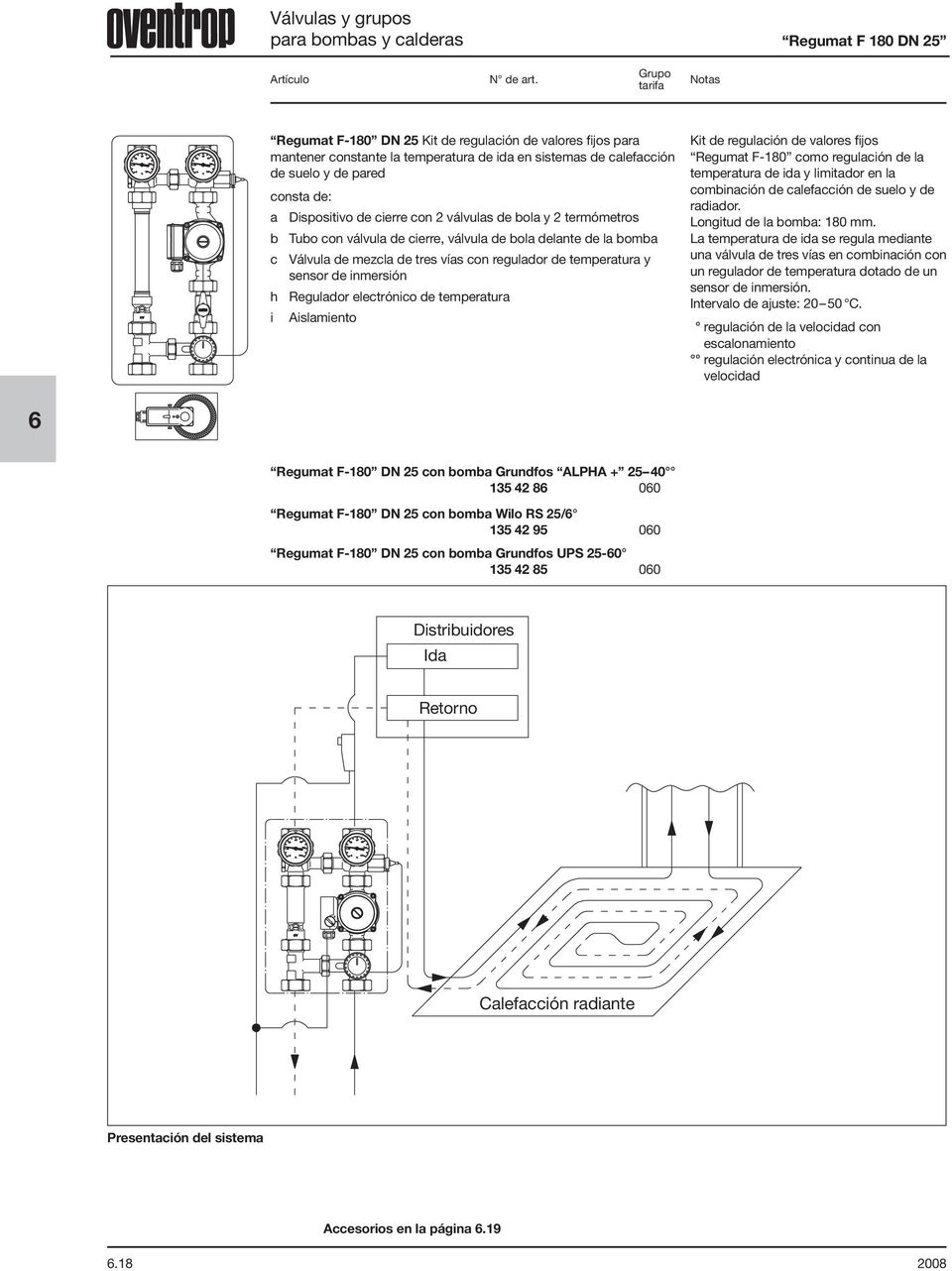 temperatura Kit de regulación de valores fijos F-180 como regulación de la temperatura de ida y limitador en la combinación de calefacción de suelo y de radiador. Longitud de la bomba: 180 mm.