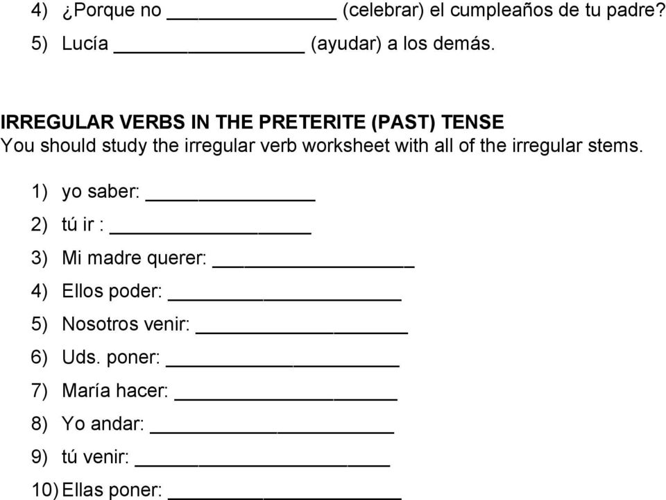 worksheet with all of the irregular stems.
