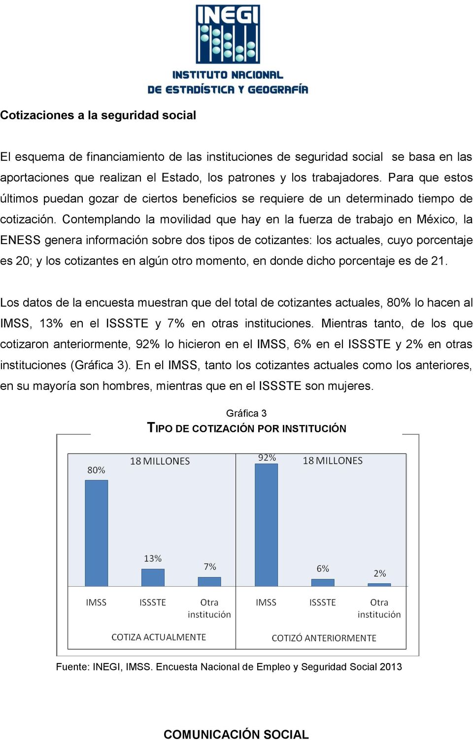 Contemplando la movilidad que hay en la fuerza de trabajo en México, la ENESS genera información sobre dos tipos de cotizantes: los actuales, cuyo porcentaje es 20; y los cotizantes en algún otro