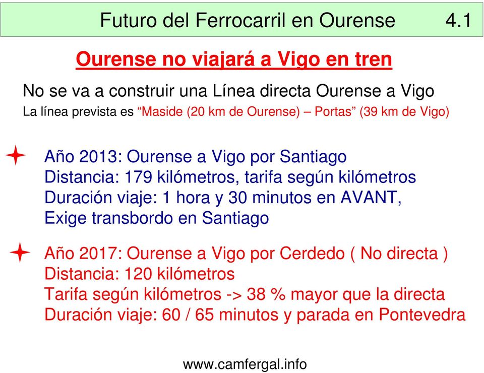 Portas (39 km de Vigo) Año 2013: Ourense a Vigo por Santiago Distancia: 179 kilómetros, tarifa según kilómetros Duración viaje: 1 hora y 30