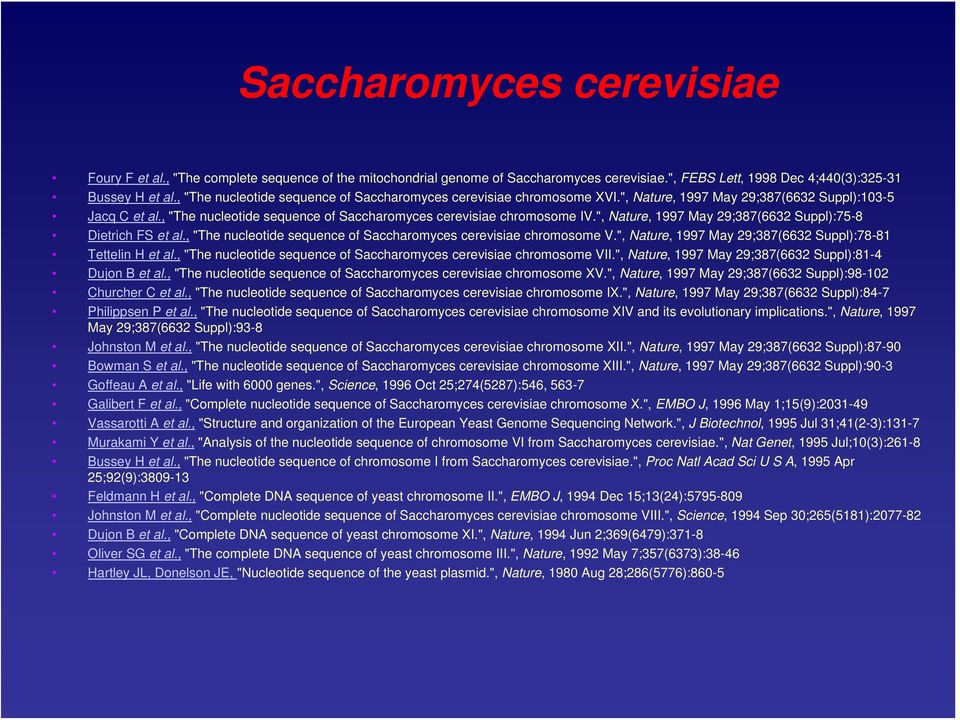 ", Nature, 1997 May 29;387(6632 Suppl):75-8 Dietrich FS et al., "The nucleotide sequence of Saccharomyces cerevisiae chromosome V.", Nature, 1997 May 29;387(6632 Suppl):78-81 Tettelin H et al.