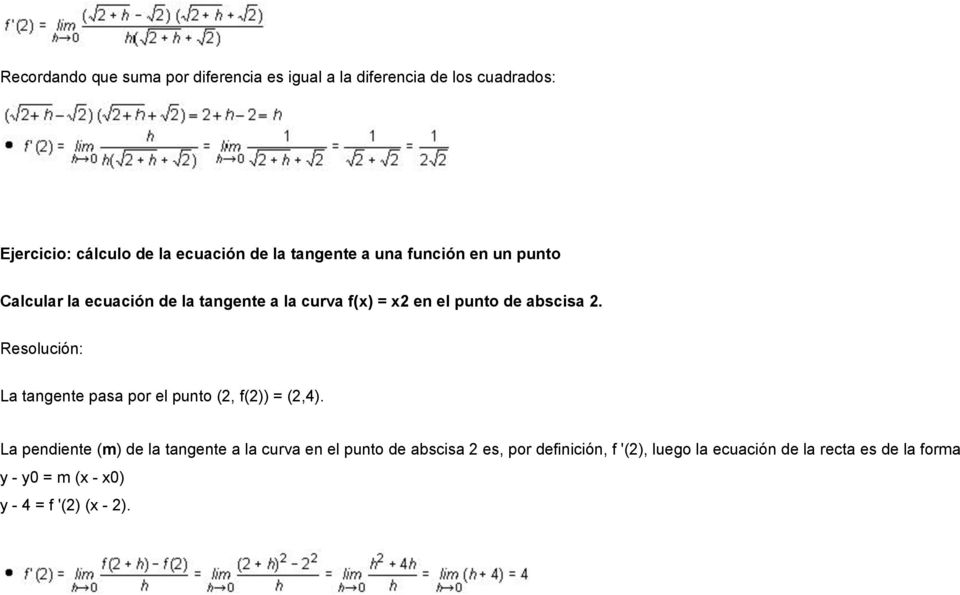 Resolución: La tangente pasa por el punto (2, f(2)) = (2,4).