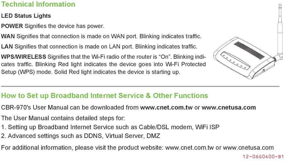 Solid Red light indicates the device is starting up. How to Set up Broadband Internet Service & Other Functions CBR-970's User Manual can be downloaded from www.cnet.com.tw or www.cnetusa.