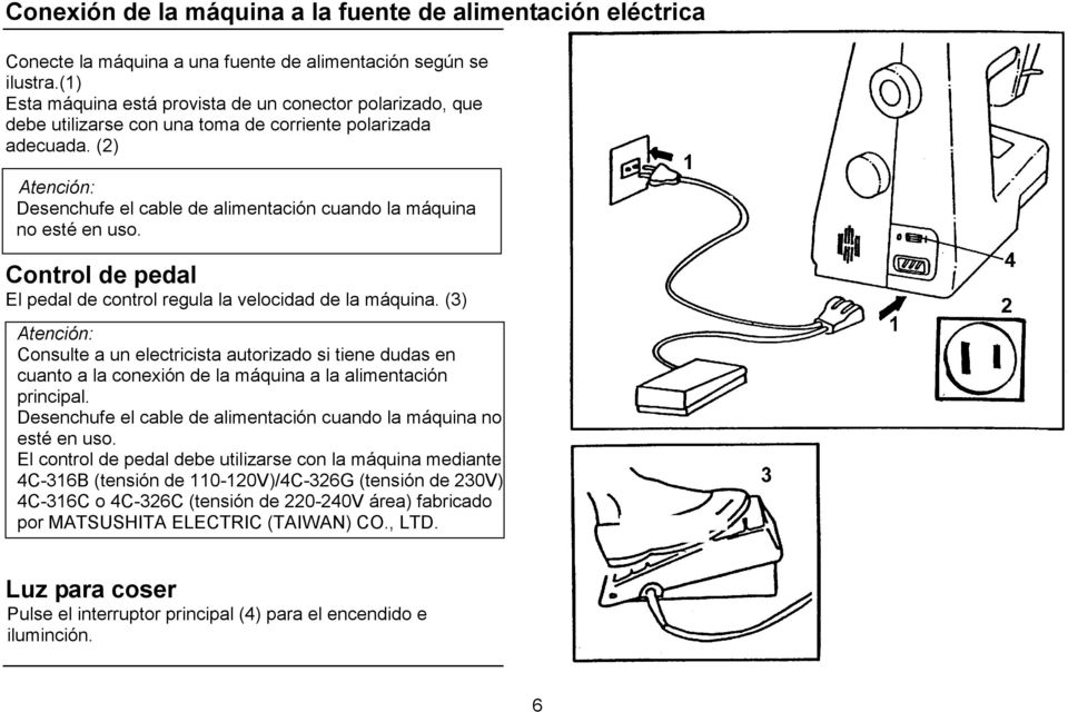 (2) Atención: Desenchufe el cable de alimentación cuando la máquina no esté en uso. Control de pedal El pedal de control regula la velocidad de la máquina.