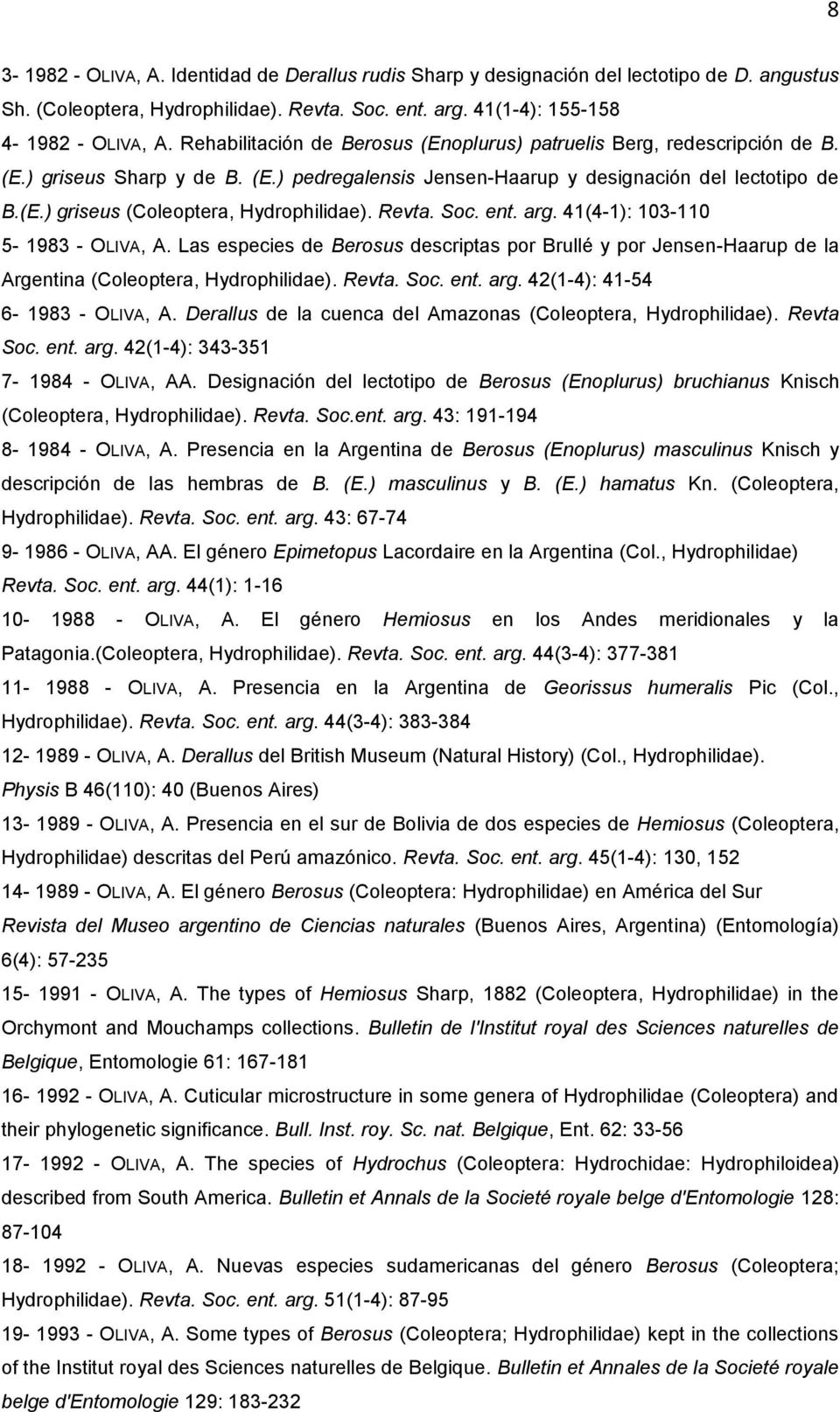 Revta. Soc. ent. arg. 41(4-1): 103-110 5-1983 - OLIVA, A. Las especies de Berosus descriptas por Brullé y por Jensen-Haarup de la Argentina (Coleoptera, Hydrophilidae). Revta. Soc. ent. arg. 42(1-4): 41-54 6-1983 - OLIVA, A.