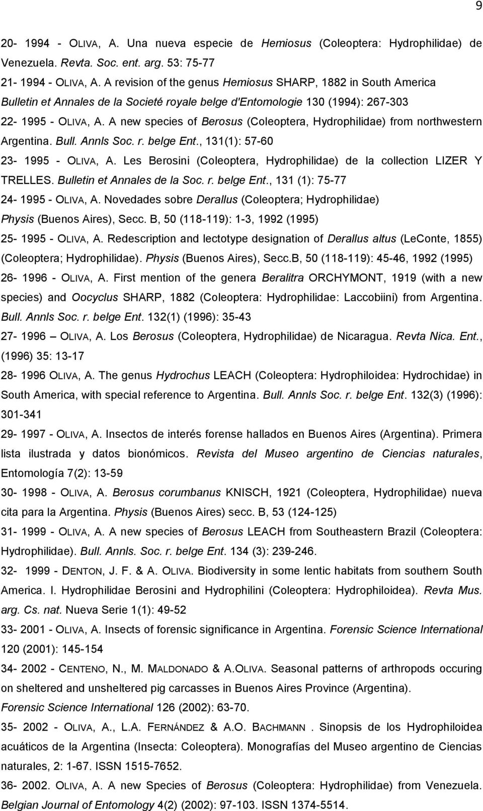 A new species of Berosus (Coleoptera, Hydrophilidae) from northwestern Argentina. Bull. Annls Soc. r. belge Ent., 131(1): 57-60 23-1995 - OLIVA, A.