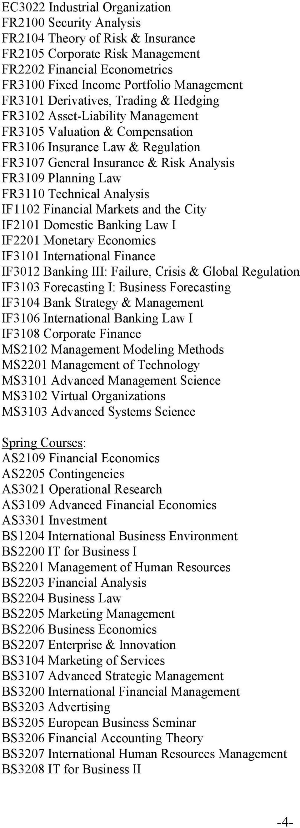 FR3110 Technical Analysis IF1102 Financial Markets and the City IF2101 Domestic Banking Law I IF2201 Monetary Economics IF3101 International Finance IF3012 Banking III: Failure, Crisis & Global