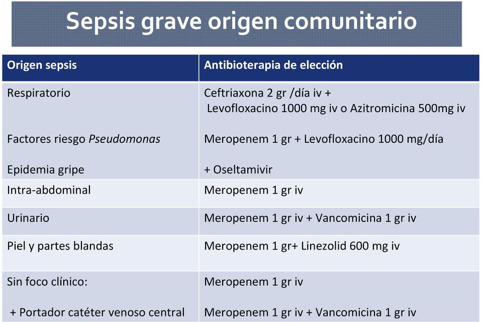 gr /día iv + Levofloxacino 1000 mg iv o Azitromicina 500mg iv Meropenem 1 gr + Levofloxacino 1000 mg/día + Oseltamivir