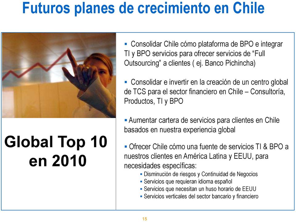 de servicios para clientes en Chile basados en nuestra experiencia global Ofrecer Chile cómo una fuente de servicios TI & BPO a nuestros clientes en América Latina y EEUU, para