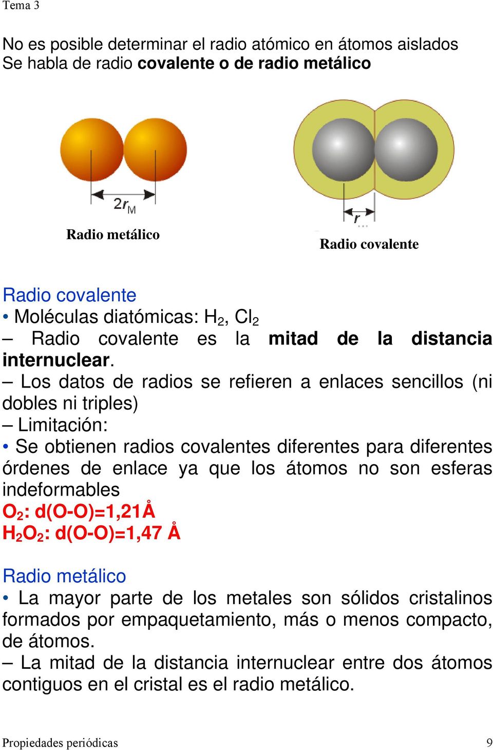 Los datos de radios se refieren a enlaces sencillos (ni dobles ni triples) Limitación: Se obtienen radios covalentes diferentes para diferentes órdenes de enlace ya que los átomos no son