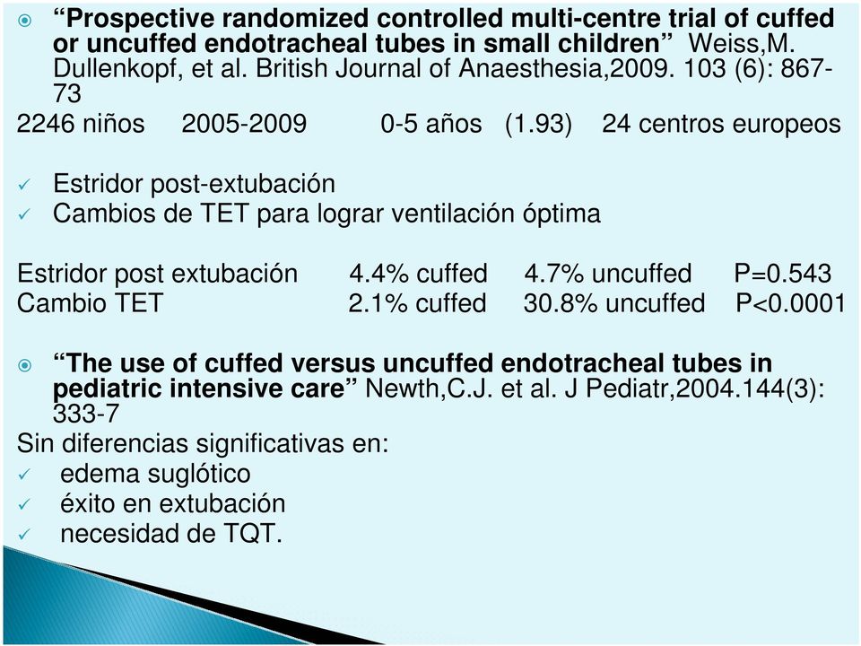 93) 24 centros europeos Estridor post-extubación Cambios de TET para lograr ventilación óptima Estridor post extubación 4.4% cuffed 4.7% uncuffed P=0.