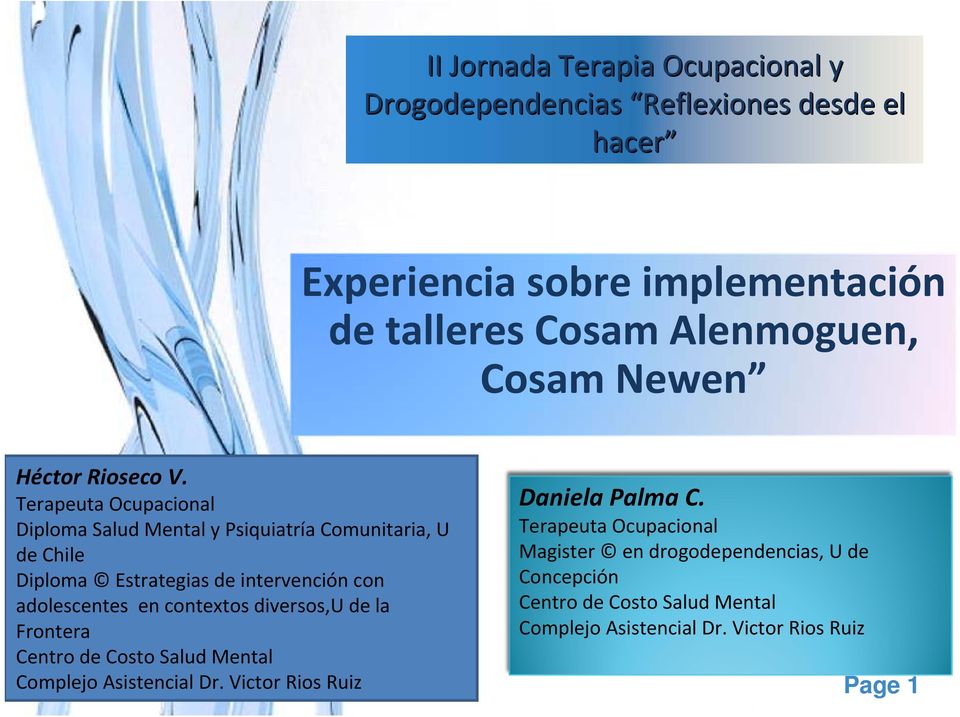 Diploma Salud Mental y Psiquiatría Comunitaria, U Terapeuta Ocupacional de Chile Magister en drogodependencias, U de Diploma Estrategias de
