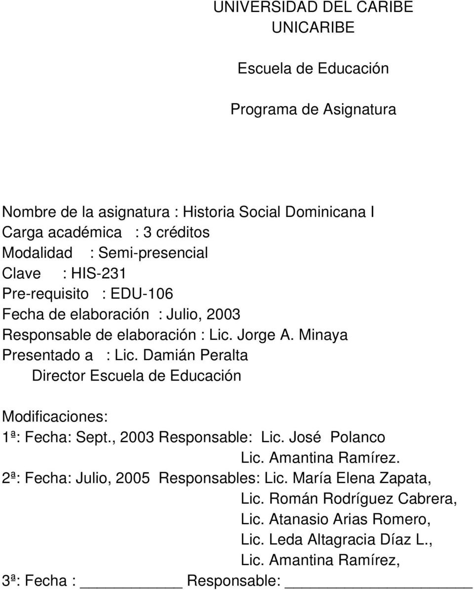 Minaya Presentado a : Lic. Damián Peralta Director Escuela de Educación Modificaciones: 1ª: Fecha: Sept., 2003 Responsable: Lic. José Polanco Lic. Amantina Ramírez.