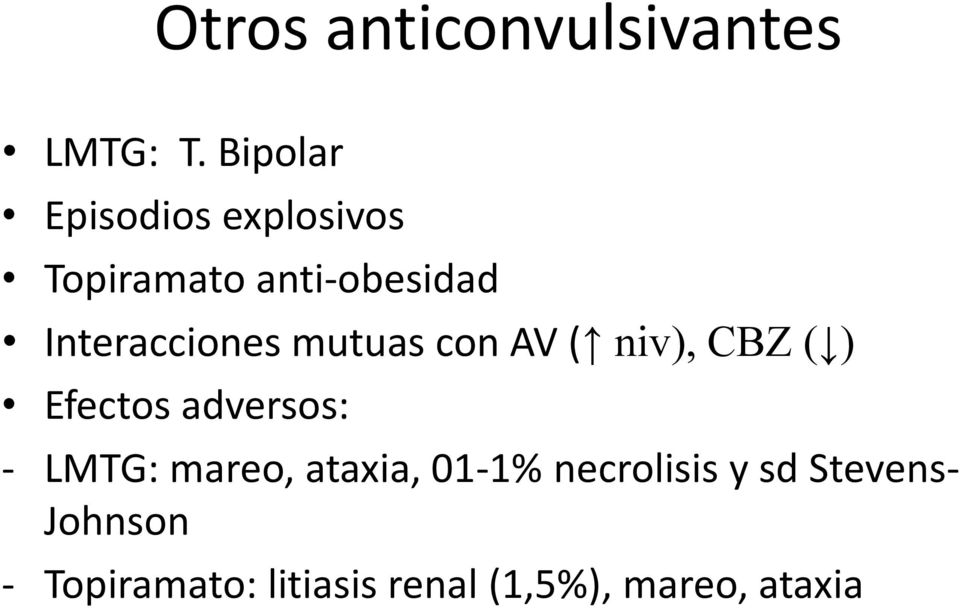 Interacciones mutuas con AV ( niv), CBZ ( ) Efectos adversos: -