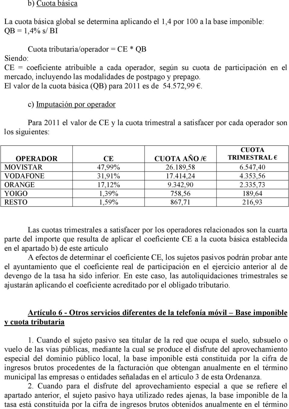 c) Imputación por operador Para 2011 el valor de CE y la cuota trimestral a satisfacer por cada operador son los siguientes: OPERADOR CE CUOTA AÑO / CUOTA TRIMESTRAL MOVISTAR 47,99% 26.189,58 6.