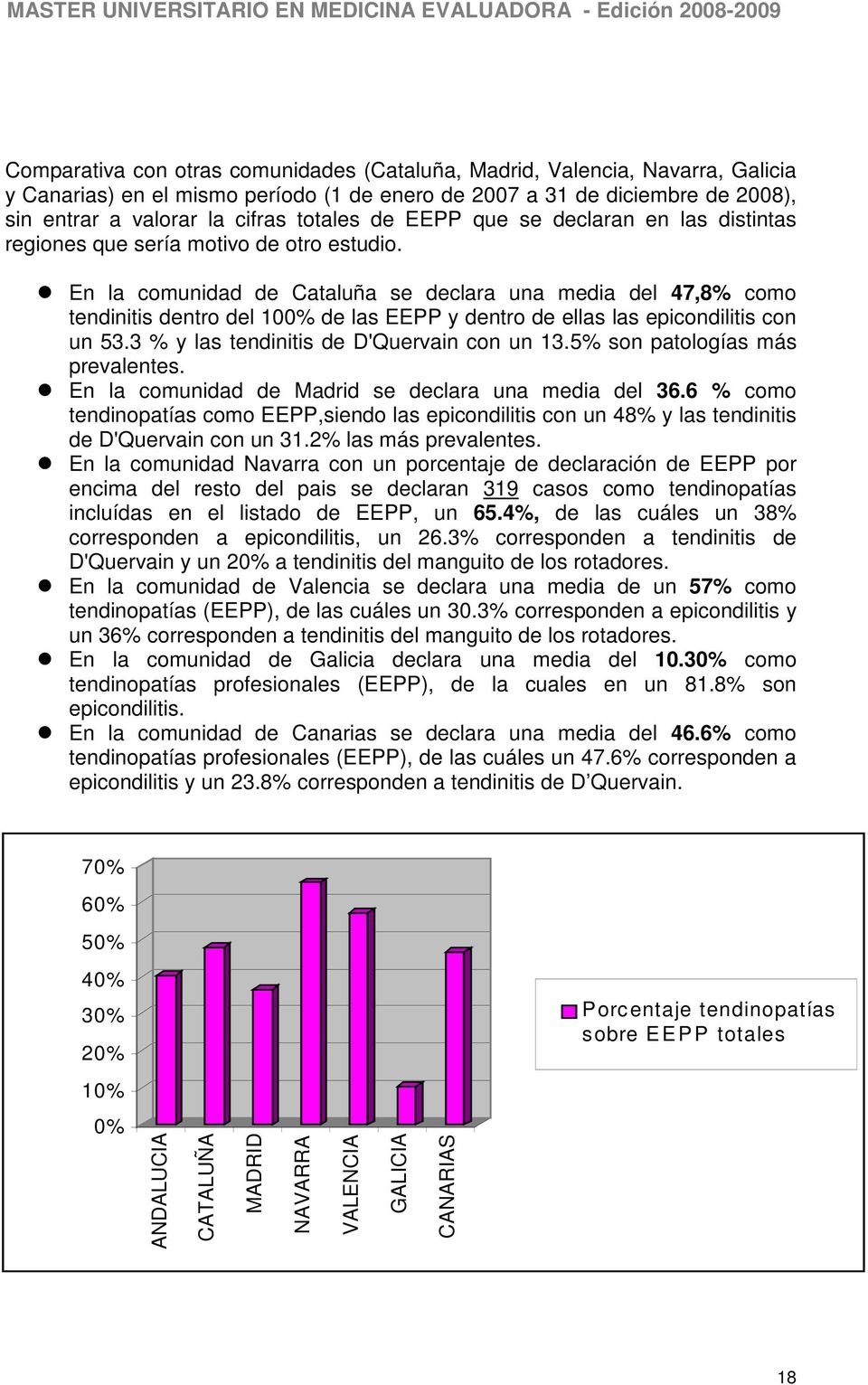 En la comunidad de Cataluña se declara una media del 47,8% como tendinitis dentro del 100% de las EEPP y dentro de ellas las epicondilitis con un 53.3 % y las tendinitis de D'Quervain con un 13.