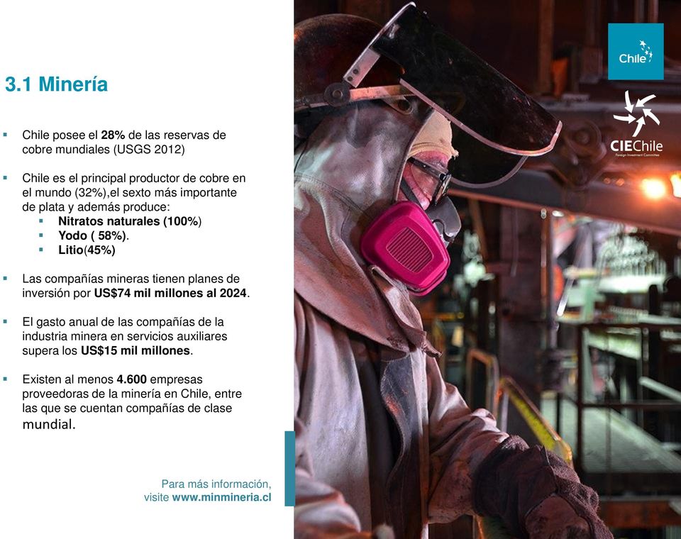 Litio(45%) Las compañías mineras tienen planes de inversión por US$74 mil millones al 2024.