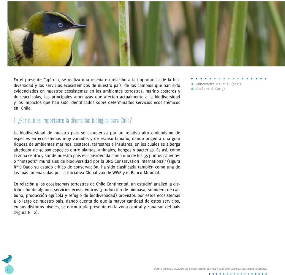 determinados servicios ecosistémicos en Chile. 7. Mittermeier, R.A. et al. (2011) 8. Durán et al. (2013) 1. Por qué es importante la diversidad biológica para Chile?