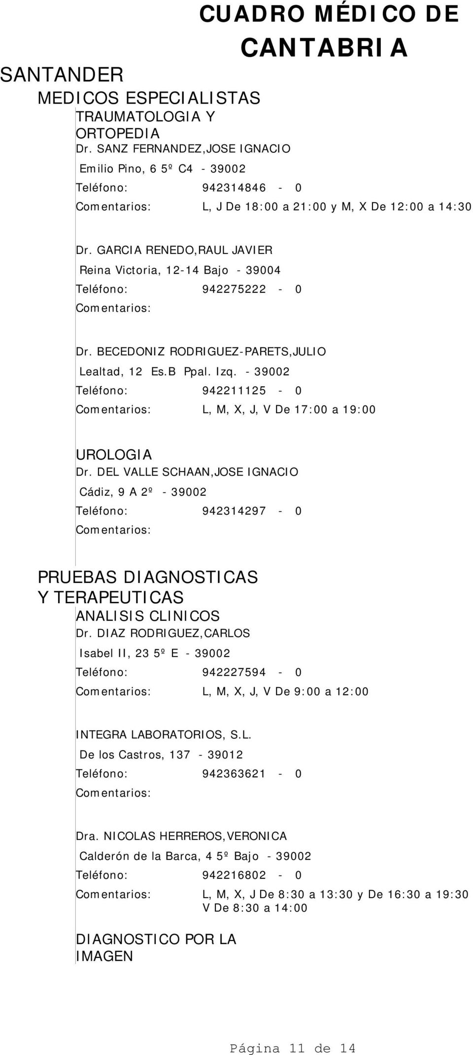 - 39002 942211125-0 L, M, X, J, V De 17:00 a 19:00 UROLOGIA Dr. DEL VALLE SCHAAN,JOSE IGNACIO Cádiz, 9 A 2º - 39002 942314297-0 PRUEBAS DIAGNOSTICAS Y TERAPEUTICAS ANALISIS CLINICOS Dr.