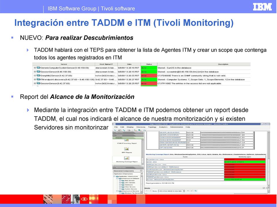 Report del Alcance de la Monitorización Mediante la integración entre TADDM e ITM podemos obtener un report