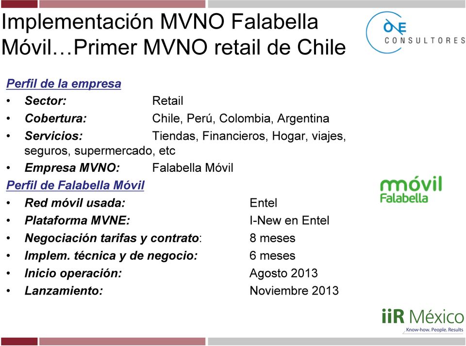 MVNO: Falabella Móvil Perfil de Falabella Móvil Red móvil usada: Entel Plataforma MVNE: I-New en Entel Negociación