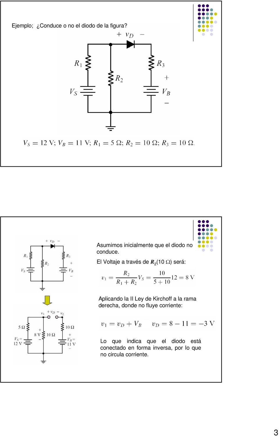 El Voltaje a través de R 2 (10 Ω) será: Aplicando la II Ley de Kirchoff a