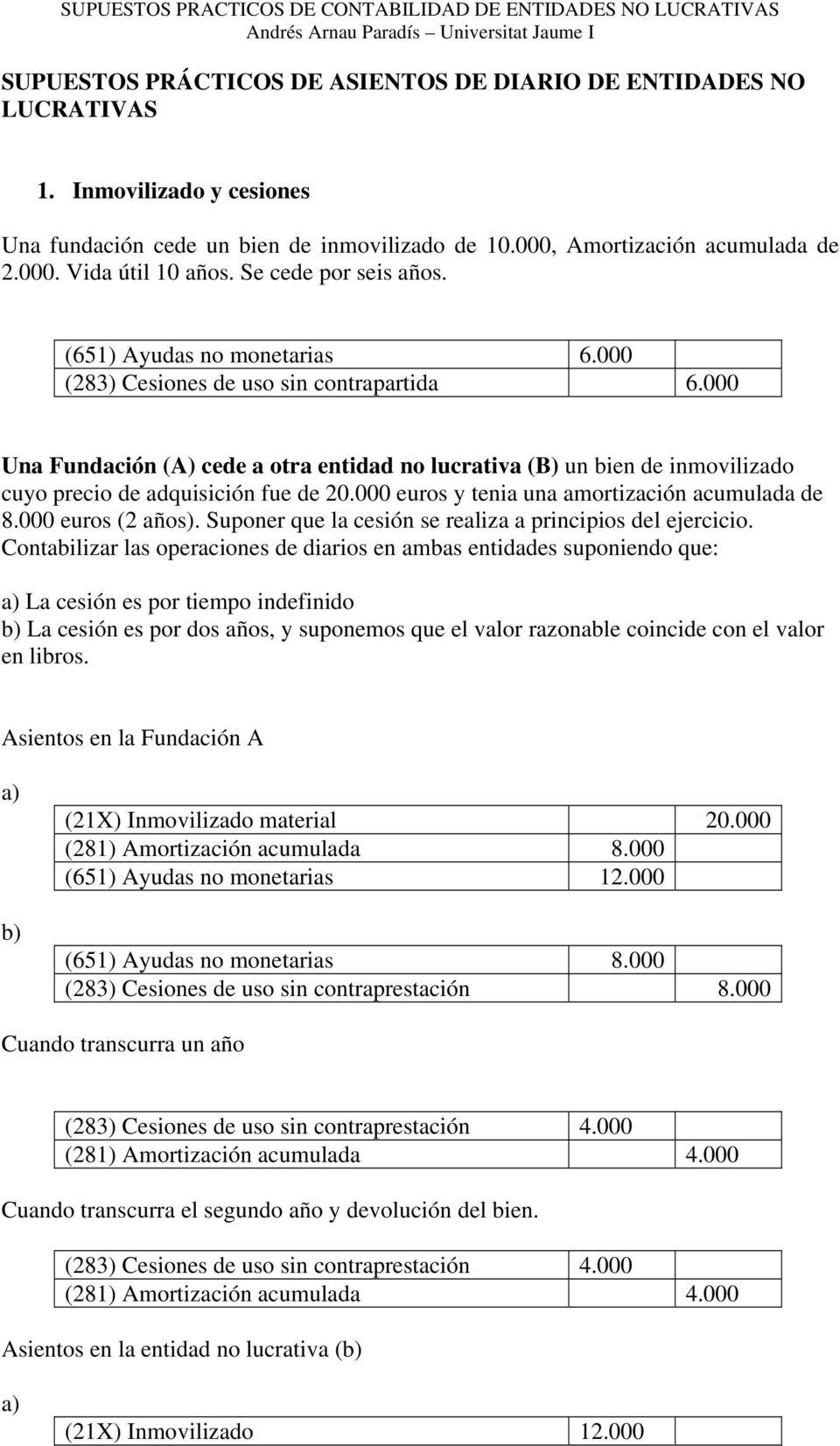 000 Una Fundación (A) cede a otra entidad no lucrativa (B) un bien de inmovilizado cuyo precio de adquisición fue de 20.000 euros y tenia una amortización acumulada de 8.000 euros (2 años).